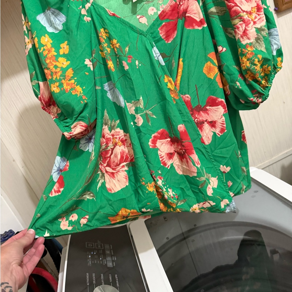 Umgee Green Floral Blouse with Red and Yellow Accents